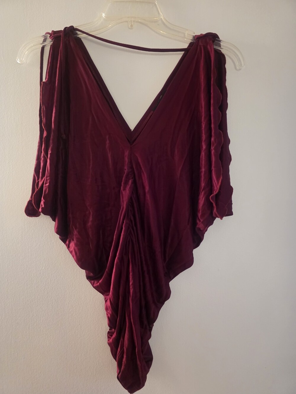 Womens Deep V Velvet Bodysuit - Burgundy